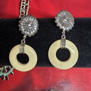 Vintage Post Earrings with Bone Carved Dangle, Silver Daisy